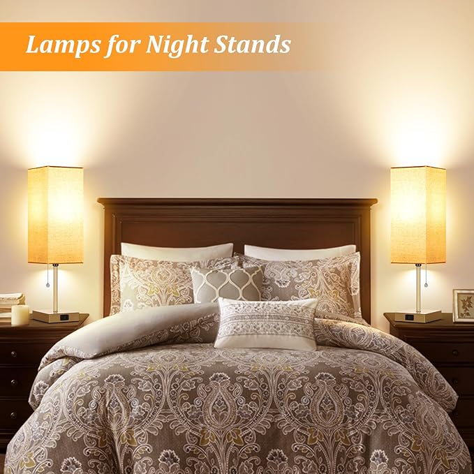 Table Lamp for Bedroom set of 2,3-Color Bedside Lamps with Pull Chain Table Lamps for Nightstand with AC Outlets,18'' Night Light Lamps with 2 Bulbs Lamps for Living Room Kids Office Decor(Glod)