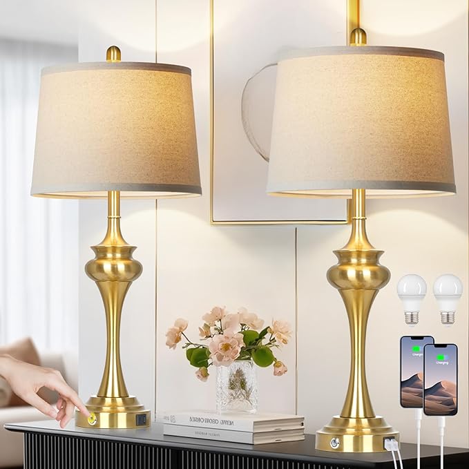 30" Gold Tall Table Lamps for Living Room, Touch Control Modern Bedroom Table Lamp with USB A+C Ports, 3-Way Bedside Lamps Set of 2, Elegant Metal Lamp for Night Stand Desk Side Table Office