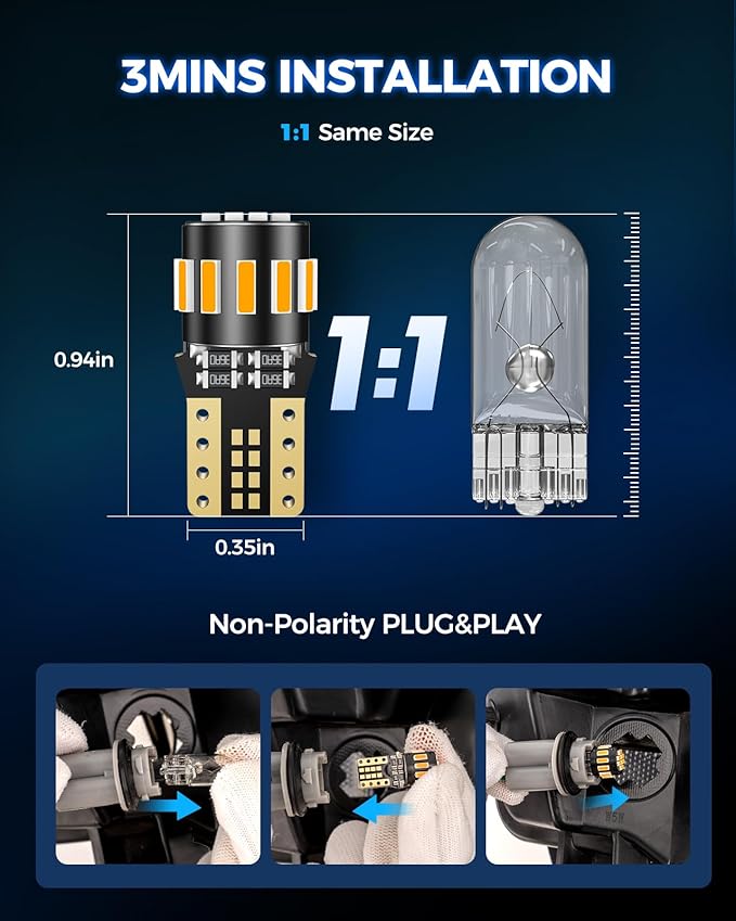 Marsauto 194 LED Bulb Amber Yellow for Dome Map Light, 168 2825 W5W T10 Wedge Replacement Super Bright LED Light Bulbs for Car Courtesy Step Dash Side Marker Trunk Light (Pack of 10)