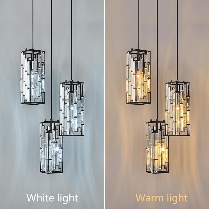 Black Pendant Lighting Modern Pendant Light, Mini Crystal Chandeliers,Adjustable Pendant Light Fixture for Kitchen Island Dinning Room Bedroom (3 Light)