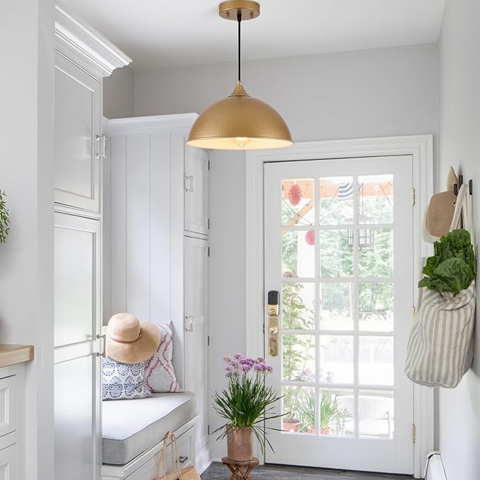 Pendant Lights Kitchen Island, 12" Gold and White Dome Pendant Light Vintage Industrial Hanging Light Fixtures for Dining Room Restaurant Cafe Entryway