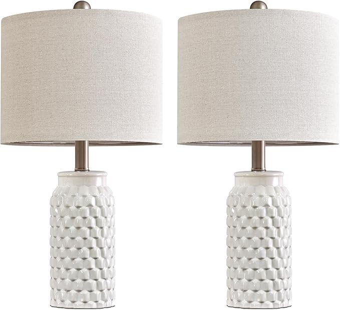 20.5" White Modern Ceramic Bedside Lamp Set of 2 for Bedroom Decor Farmhouse Table Lamp for Living Room Office Dorm