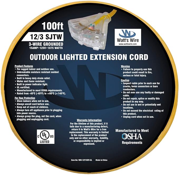 WattsWire 100 ft 12-Gauge Outdoor Extension Cord with 3 Lighted Outlets