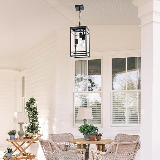 3-Light Outdoor Pendant Lights for Porch, Black Outdoor Chandelier 16'' Large Exterior Hanging Porch Light Fixtures with Clear Glass, Waterproof Outside Pendant Lantern for Garage Foyer