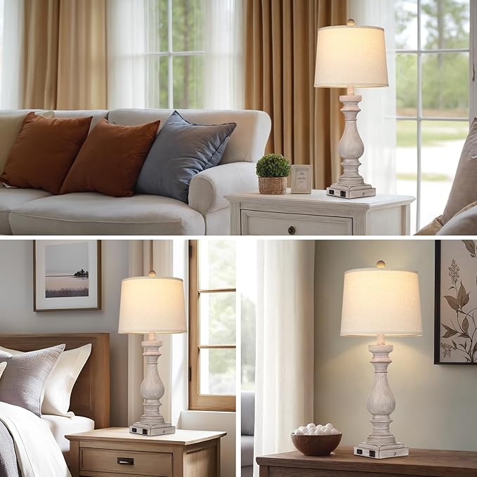 27.5" Farmhouse Table Lamp for Living Room,Vintage Bedside Lamp with USB C+A Ports & AC Outlet,3-Way Dimmable Touch Control Gray Washed Finish Nightstand for Bedroom, Single Gray