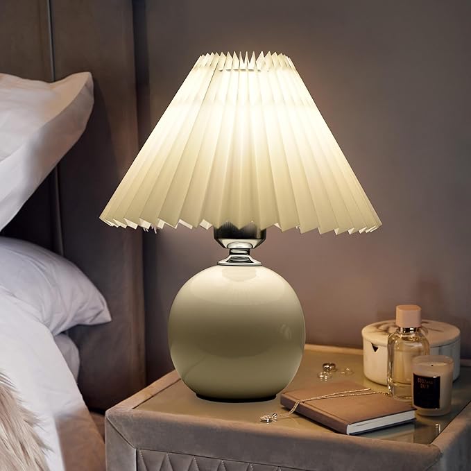 Korean Pleated Table Lamp Ins DIY Ceramic Table Lamps for Living Room Home Deco Cute Lamp with Tricolor Led Bulb Beside Lamp…
