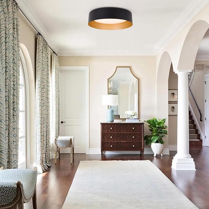 Bargeni Flush Mount Ceiling Lights,12.5 inch Ceiling Light Fixture,3000K/18W, Matte Black with Champagne Gold Inside Finish,Flush Mount Light Fixture for Balcony,Outdoor,Kitchen,ETL Listed-2 Pack