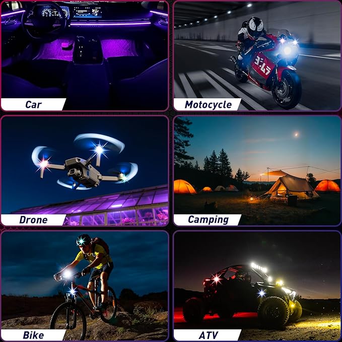 Wireless Car Led Interior Lights 4PCS, 7 Colors Car Ambient Lights Touch Sensor, Magnetic Back & Upgraded Battery, Rechargeable Led Anti-Collision Strobe Lights for Motorcycle, Drones, Bikes,Home