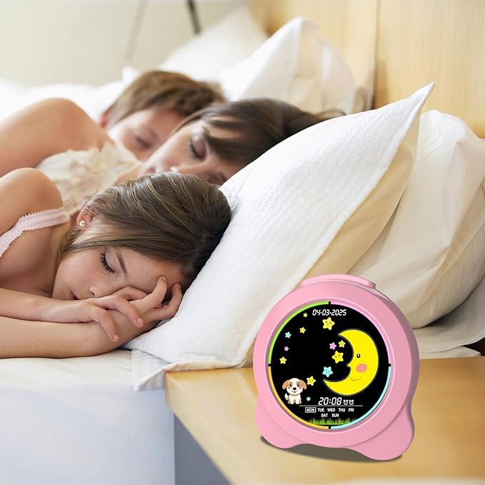 Kids Alarm Clock Sun & Moon LED Display with Day & Date OK to Wake Clock with Night Light for Kids Children's Sleep Trainer Gift for Boy and Girls (Pink)