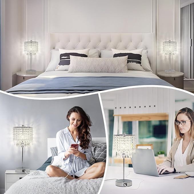Boncoo Crystal Table Lamp Set of 2 Touch Control, Crystal Lamps with USB Ports Elegant Shade Bedside Lamp Silver, Dimmable Touch Table Lamp for Nightstand Bedroom Living Room, 4W LED Bulb Included