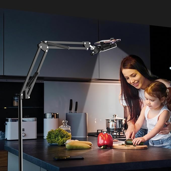 Floor Overhead Phone Tripod with Rechargeable Light for Cooking Videos, Move Around Phone Stand with Ring Light Content Creator Video Recording Selfie Photography TikTok Youtube Compatible with iPhone