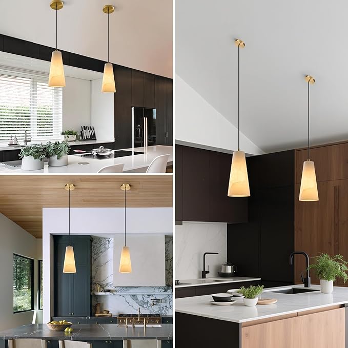Alabaster Kitchen Island Pendant Light: White Marble Hanging Lights over Dining Table - Minimalist Natural Stone Textured Pendants Lighting - Vintage Brass Cylinder Chandelier above Sink Bulb included