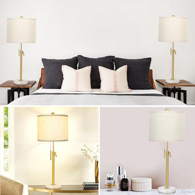 Table Lamp Set of 2: 22" to 30" Height Adjustable Pull Chain Switch for Living Room Bedroom End Table, Marble Base Beige Linen Shade Gold Nightstand Lamp for Office, Bedside Table (Gold, Beige Shade)