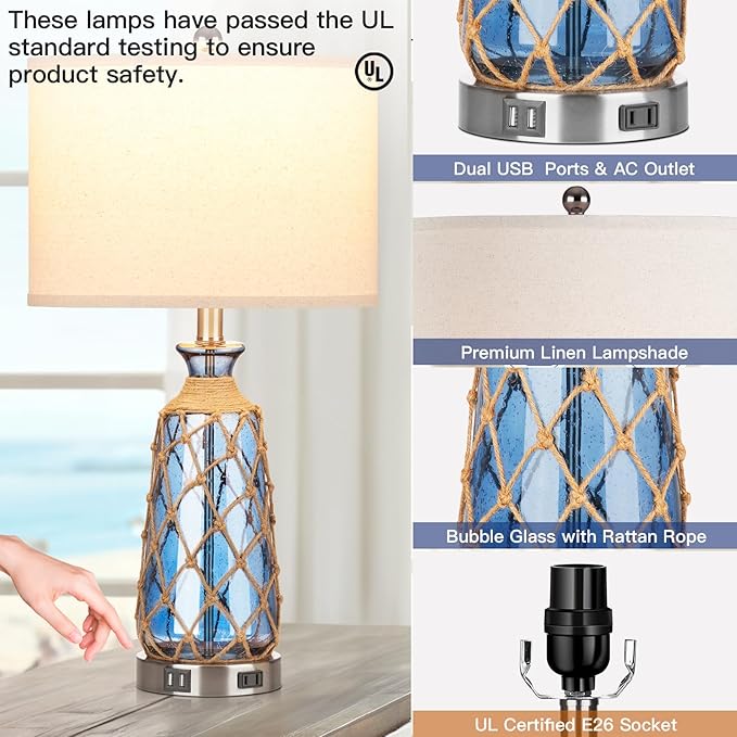 25.5" Coastal Glass Table Lamps Set of 2, 3-Way Dimmable Touch Control Bedside Lamps with 2 USB Ports and AC Outlet, Blue Nautical Nightstand Lamps for Bedroom Living Room (LED Bulbs Included)