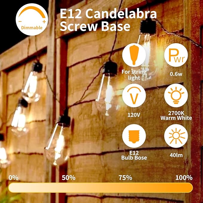 30Pack ST38 LED String Light Bulbs Clear Replacement Bulb 0.6W fits E12 C7 Screw Base Edison Bulbs for Outdoor String Lights Dimmable Bulbs Equal to 7W for Patio Decor, 2700K Warm White