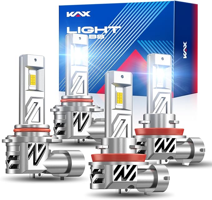 KAX 2025 10X Brightener 9005 H11 Led Bulbs Combo for Car Owners, 100000Lm HB3 H9 for Drivers at Night, H11 During Bad Weather, HB3 H8 1:1 Real Size, 100000 Hours Lifespan, 99% Fit Vehicles, 4 Pack