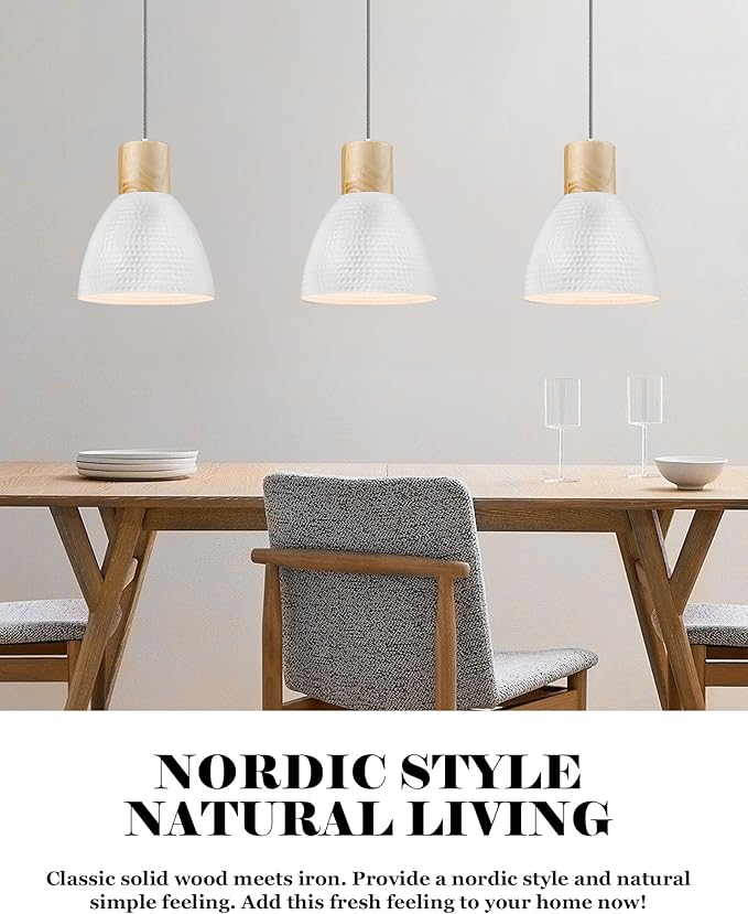 ELYONA 2 Pack Hammered Pendant Light Fixtures, 10.2” Metal & Rubber Wood Island Hanging Lamp, Adjustable Height, Modern Pendant Lighting for Kitchen,Farmhouse Bar,Dining Room,Bedroom, Nordic White