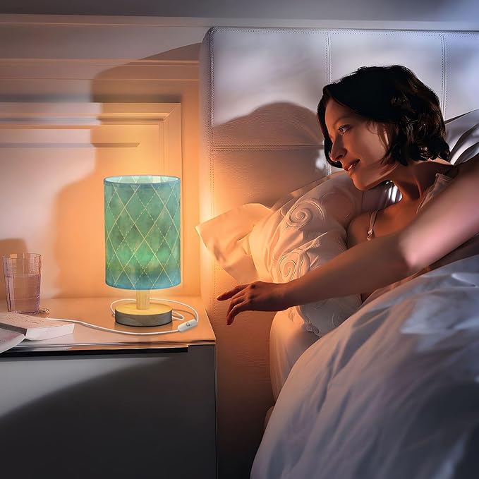 senya Table Lamp for Bedroom Living Room, Geometric Teal Turquoise Plaid Bedside Lamps with USB Charging Ports Nightstand Light Lamps