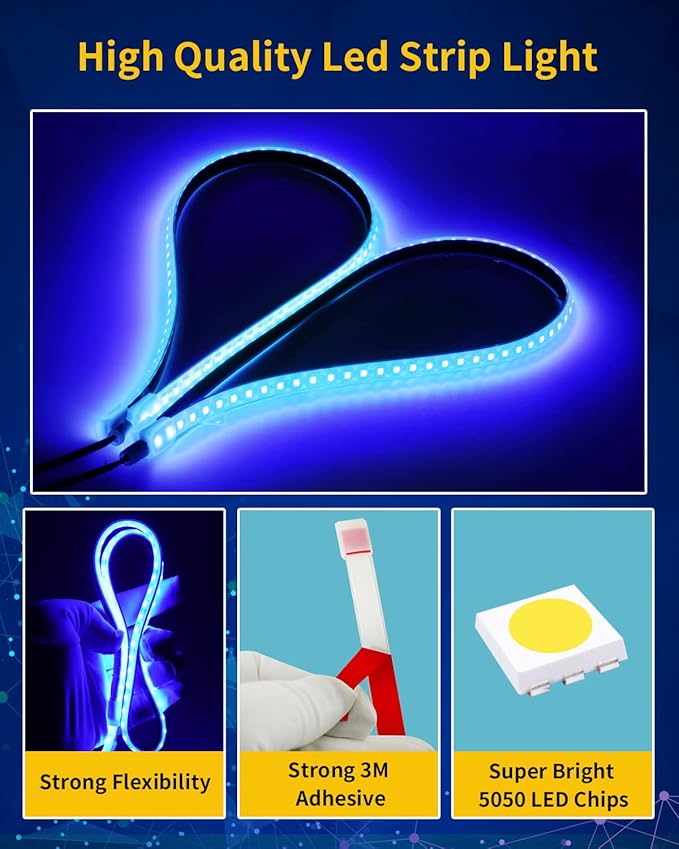 Blue Led Strip Lights,24inch 12V Car LED Strip Light IP68 Waterproof Cuttable for Car Motorcycles Boat Golf Cart Truck Cargo Home Decoration with Strong Nano Tape,(4PCS)