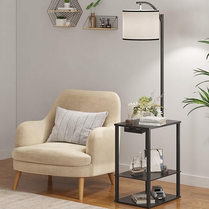 SUNMORY Floor Lamp with Table, End Table for Living Room with Lamp, Shelves Side Table with Charging Station(USB & AC Port), 3 Color Temperature LED Bulb, Modern Nightstand Lamp for Bedroom, Office