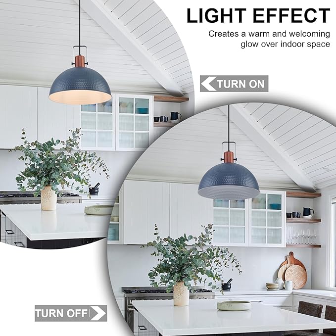 16 Inch Blue Pendant Lights Hammered Matte Pendant Lights for Kitchen Island Industrial Farmhouse Adjustable Height Dome Hanging Light Fixtures for Barn, Dining Room 1 Pack