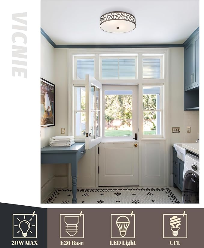 12 Inch Flush Mount Ceiling Light, 2 - Light Vintage Ceiling Lights Fixture with Frosted Glass Shade, Oil Rubbed Bronze Light Fixture for Hallway Corridor Kitchen Bathroom Bedroom Passway