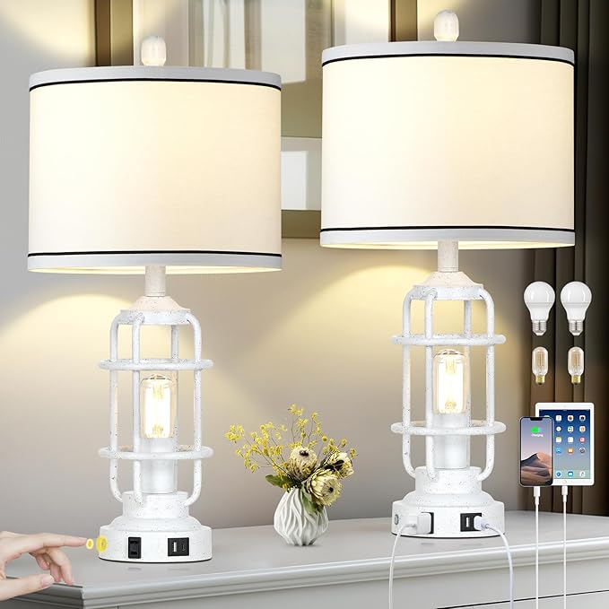 Farmhouse Lamps Set of 2, White Vintage Rustic Industrial Lamps with USB A+C Charging Ports & AC Outlet, 3 Way Dimmable Touch Control Table Lamp with LED Night Light for Living Room Bedrooms Office