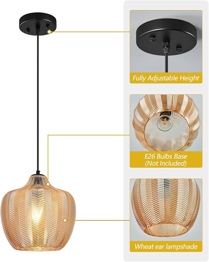 Amber Glass Pendant Lights Kitchen Island 1 Light 9.25 in Glass Globe Pendant Light Fixture Adjustable Modern Farmhouse Pendant Lighting for Bedroom Dining Room (1 Pack)