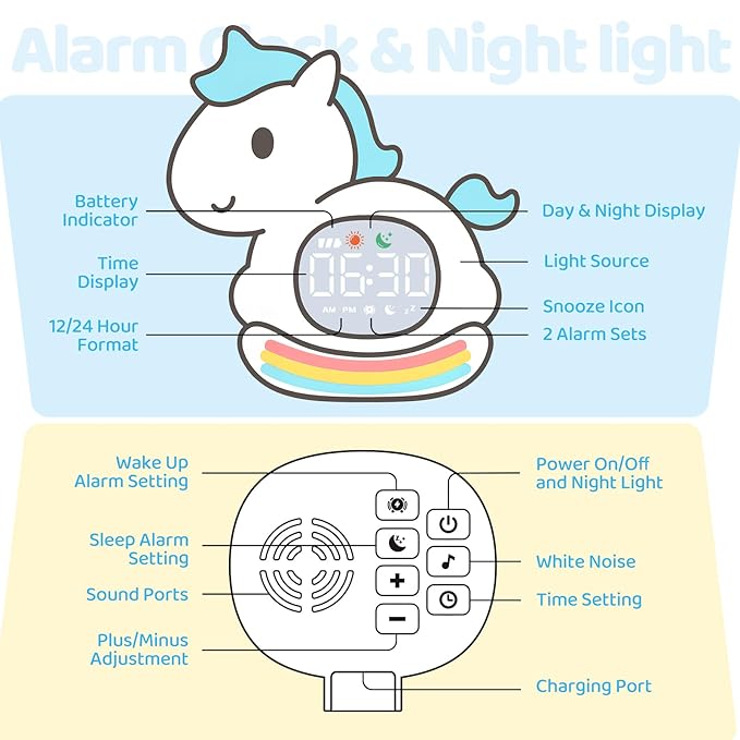 Alarm Clock with Night Light for Kids with Sleep Training and Sound Machine, Rechargeable Silicone Lamp OK to Wake Clock,Cute Animal Tabletop Lamp, Perfect Sleep Companion for Boys Girls,Blue Pony