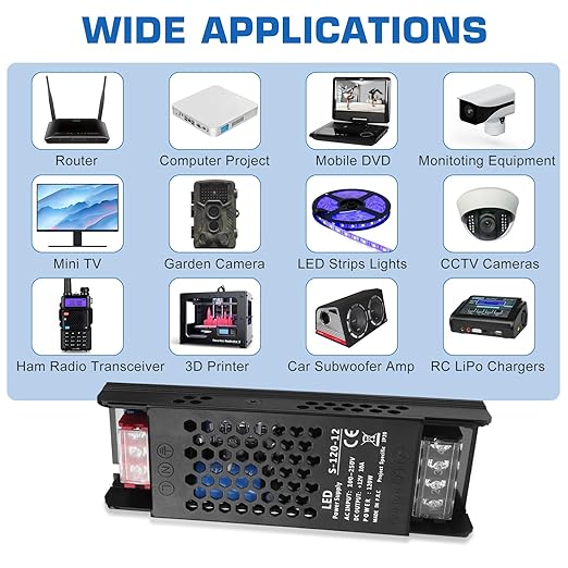 LED Driver 12V 120W 10A Slim LED Power Supply, AC 100-250V to 12V DC Adapter, Constant Voltage Transformer for LED Strip Lights, Bulbs, Garden and Cabinet Lights