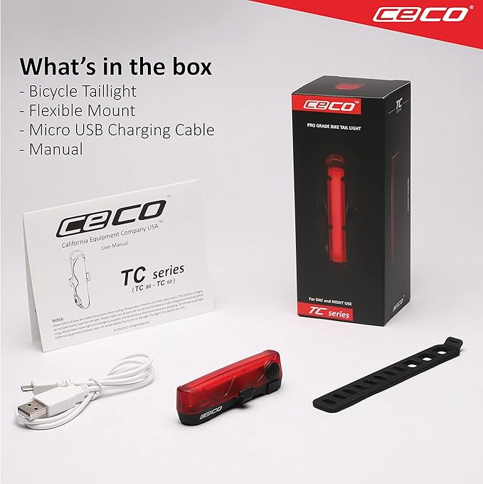 CECO-USA: 60 Lumen USB Rechargeable Bike Tail Light - Super Wide & Bright Model TC60 Bicycle Rear Light - IP67 Waterproof, FL-1 Impact Resistant - COB LED Red Safety Light - Pro Grade Bike Tail Light