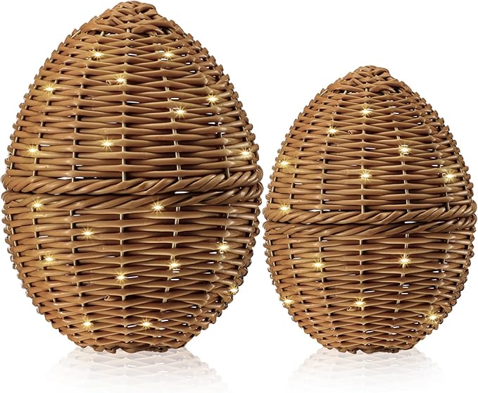 Soulchen 2 Pcs Large Rattan Easter Egg Decorations, 9.8" & 8.7" Spring Farmhouse Wicker Easter Eggs with LED Lights Decor for Table Centerpiece Mantle Outdoor Porch Garden Patio,