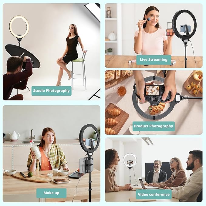 Aureday 14inch iPad Ring Light with Tripod Stand, 62inch Selfie Tripod Light Ring with Phone&Tablet Holder for Recording, 20W LED Circle Light with Wireless Remote for Tiktok, Makeup, Live Streaming