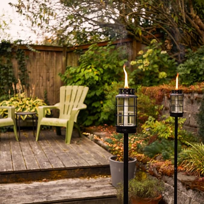 TIKI Outdoor Glass Lantern Torch – Weather-Resistant Decorative Torch for Patio, Garden & Backyard with 4-Piece Adjustable Height Pole, Fiberglass Wick & Snuffer, Black (Pack of 6)