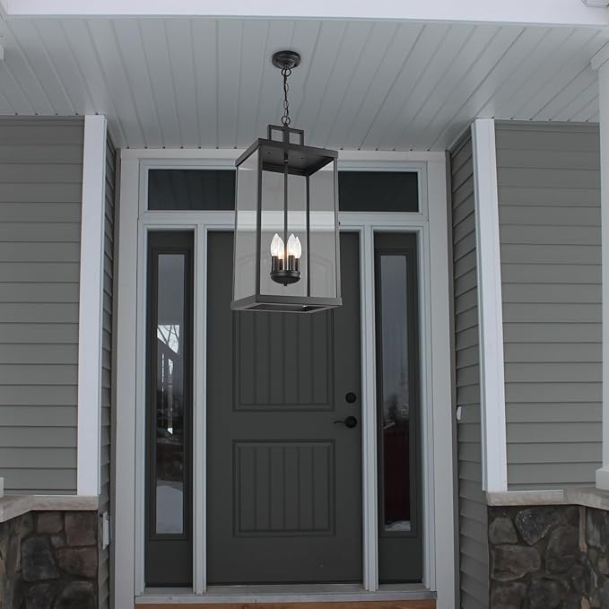 Outdoor Pendant Light, 25'' Large Hanging Lights Lantern Light, Modern Outside Chandelier with Clear Glass, Exterior Gazebo Light for Patio, Porch, Yard, Garage