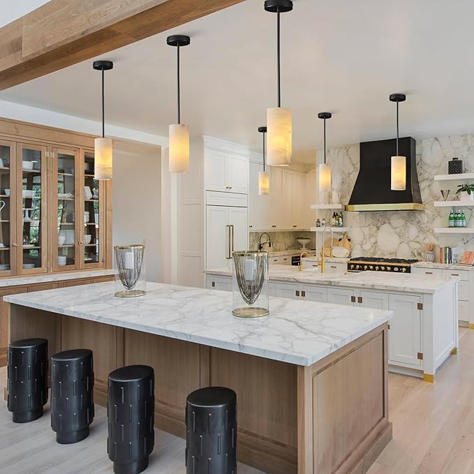 Alabaster Pendant Light Kitchen Island, H-9.5in Black Pendant Light Fixtures with Natural Marble Shade, Adjustable Ceiling Pendant for Dining Room, Living Room, Bedroom & Bathroom