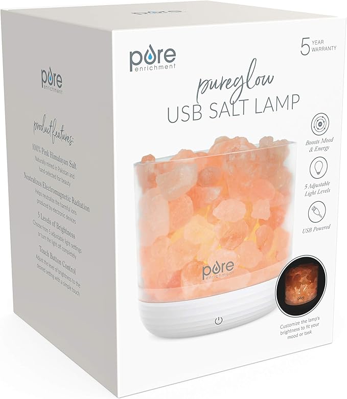 Pure Enrichment PureGlow USB Salt Lamp - Authentic Pink Himalayan Salt Rocks, Light Dimmer with 5 Levels, 2 Bulbs, and USB Power Cable