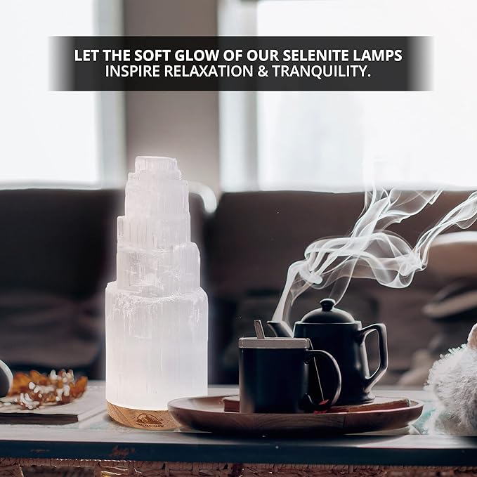 Himalayan Glow Selenite Crystal Lamp 20cm Large, Hand Curved Crystal Lamp with (ETL Certified) Wooden Base & USB Charging Cable for Home Décor - White