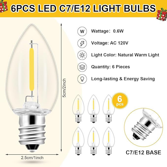 1Pack Accessory Cord with 6LED Bulbs and Outlet Christmas Village Light 11.6FT Blow Mold Light Cord with Spare Fuse Warm White C7 Lamp Christmas Village Accessories for Village Houses Craft Pumpkin