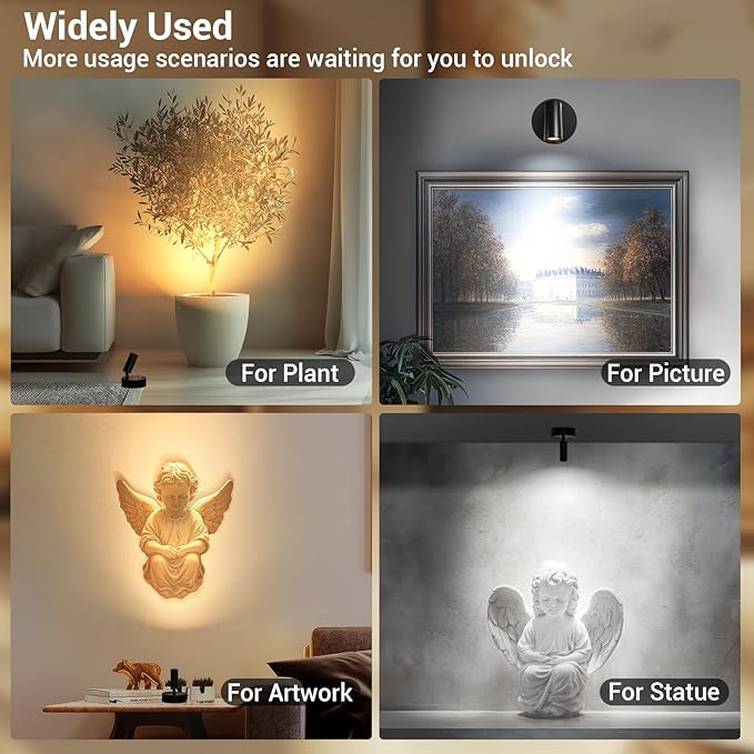 Spotlight Indoor, Wireless Battery Operated with Remote,Uplight Indoor Down Light for Picture on Wall, Plant Spotlight Dimmable Timer, Mini Ceiling Lights Painting for Trees Plant,Black 2 Pack