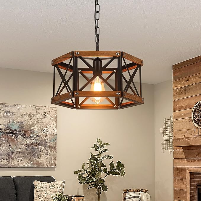 Rustic Farmhouse Wood Pendant Light Fixture One-Light Adjustable Chain 14.5 inch Oak Wood and Metal Cage Hexagon Pendant Lighting for Kitchen Island Dining Room Farmhouse Entry, Black