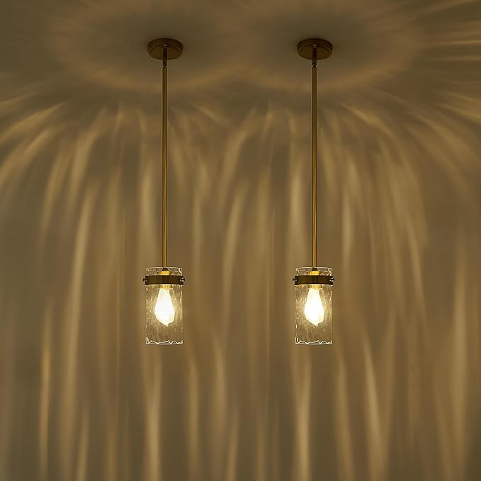4.72" Hammered Glass Pendant Lighting for Kitchen Island 2 Pack, Modern Brushed Gold Pendant Light Fixtures, Adjustable Ceiling Pendant Light for Kitchen Island Dining Room Bedroom Hallway