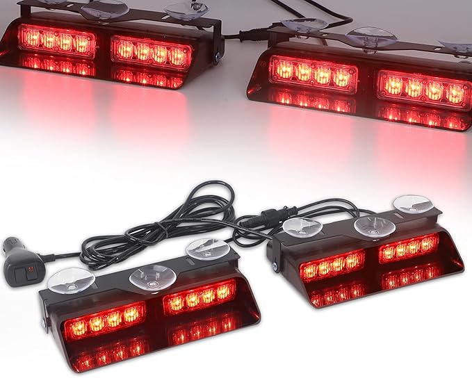 XRIDONSEN 2 in 1 Red Emergency Dash Lights Warning Safety Flashing Interior Windshield Strobe Lights w/Suction Cups for Volunteer Firefighter Vehicles Trucks (2×7.16 inch, 16 LED)