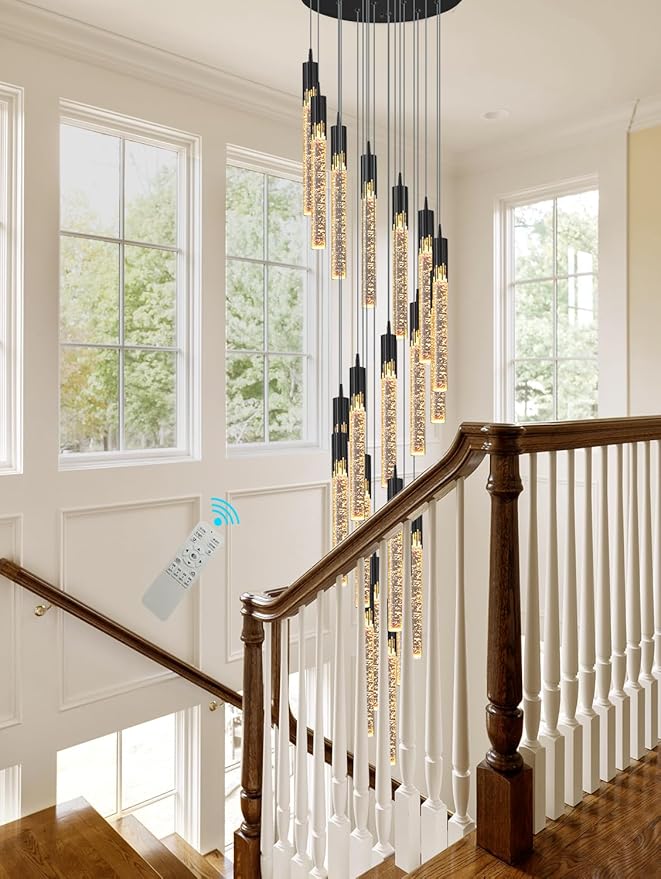 Flashing God Black 20 Lights High Ceiling Chandelier Modern Dimmable Light Fixtures Foyer Chandeliers Pendant Lighting Crystal Ceiling Chandelier Fixtures for Villa Staircase Hallway 11.5feet Long