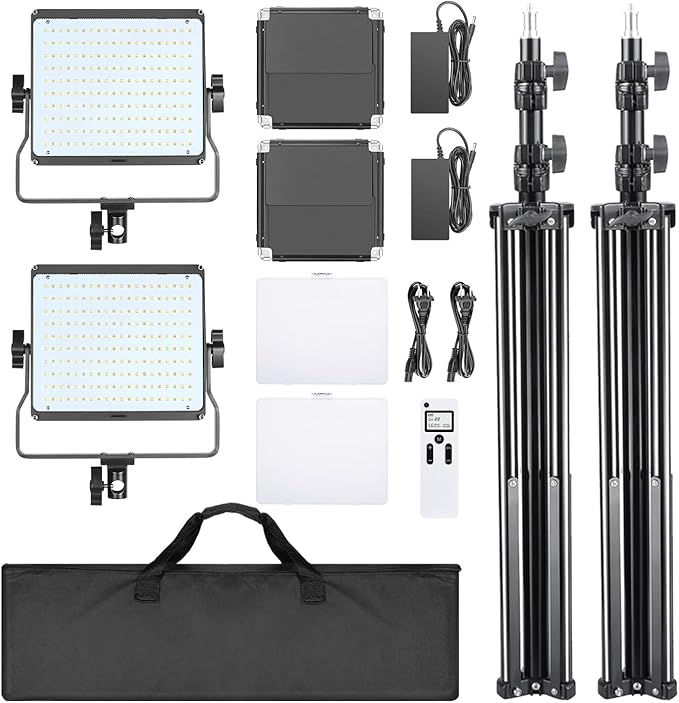 Neewer 2-Pack 2.4G LED Video Light with 2M Stand Bi-Color 200 SMD CRI 96+/U-Bracket/Barndoor/LCD Display Video Lighting Kit for Studio Photography, Remote/Case Included