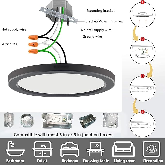 7.3" Flush Mount Dimmable LED Ceiling Light - 5000K Black, Ultra Thin Round Fixture for Bedroom, Bathroom, Kitchen, Hallway, Basement, Closet - 6Pack