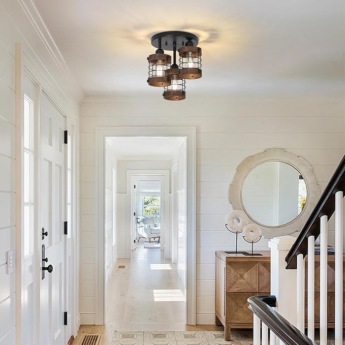 Semi Flush Mount Ceiling Light,3-Light Farmhouse Chandelier Light Fixtures Ceiling Mount, Black Hallway Light Fixtures with Wooden Cage Shade,Rustic Kitchen Light Fixture for Entryway Bedroom