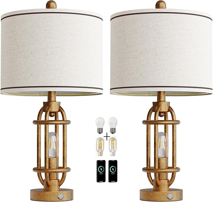 23.75'' Table Lamps Set of 2 for Living Room Bedroom Industrial Farmhouse Metal Touch Lamps with USB A+C Ports, Night Light Vintage Nightstand Bedside Lamp, Bulbs Included, Antique Gold