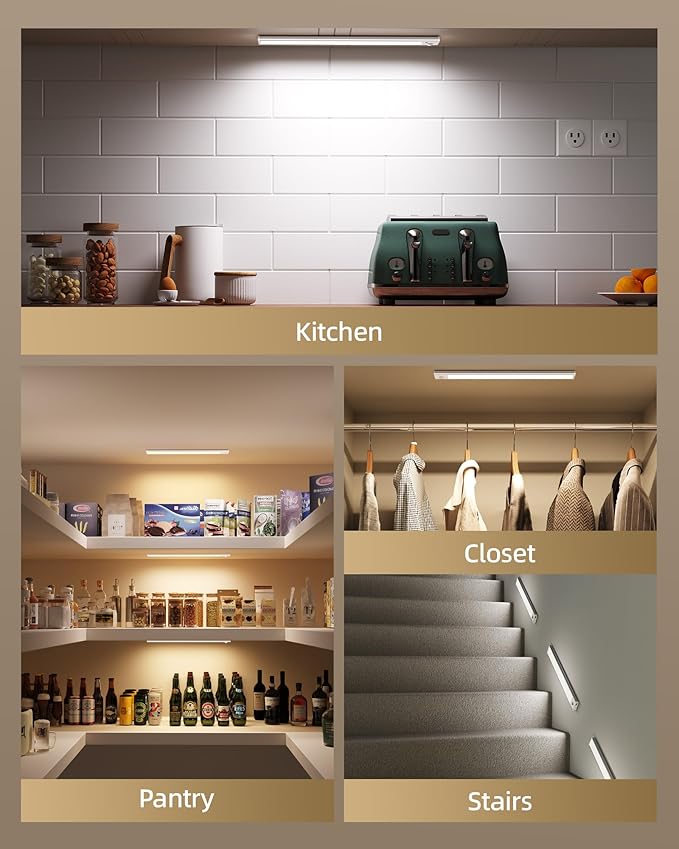 10inch Under Cabinet Lighting, 6-Pack Rechargeable Motion Sensor Light Indoor, Magnetic Closet Lights, Dimmable & 3 Color Temps, Wireless Under Counter Lights for Kitchen, Stairs