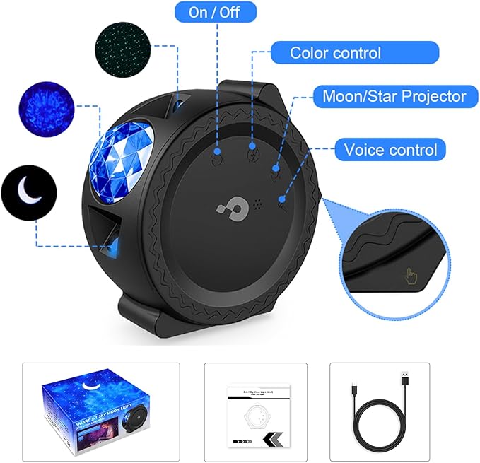Galaxy Projector Star Night Light - 3-in-1 Moon Star Aurora Projector for Bedroom, Clap-Activated Music Sync,14M Colors, Kids Nursery & Adult Sleep Aid (No Music/Alexa)